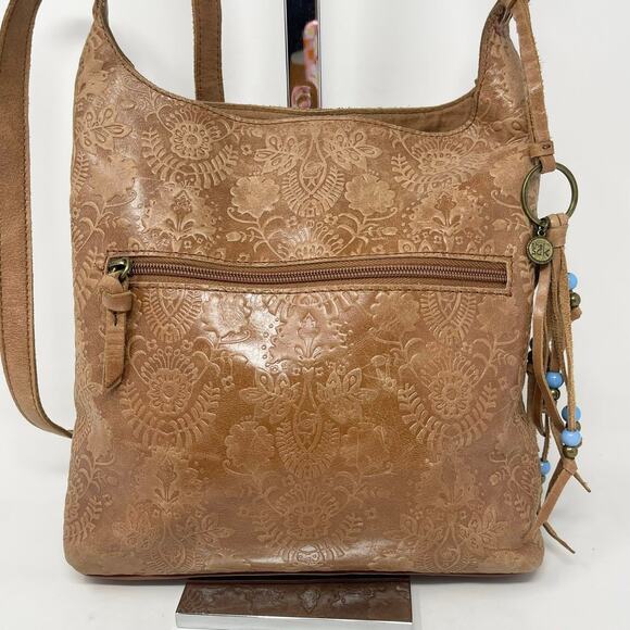 The Sak Huntley Leather Crossbody Tobacco Floral Embossed Beaded Tassel Fringe - Picture 2 of 13